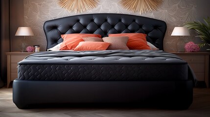 Fototapeta premium Luxurious black leather bed, pillows, stylish bedroom, interior design, home decor