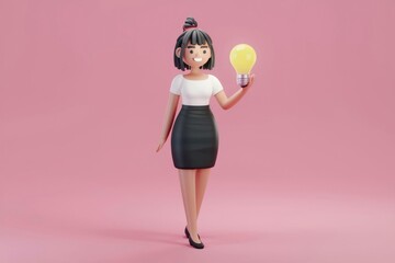 Fototapeta premium A 3D cartoon woman in business attire happily holds a glowing lightbulb, symbolizing a brilliant idea.