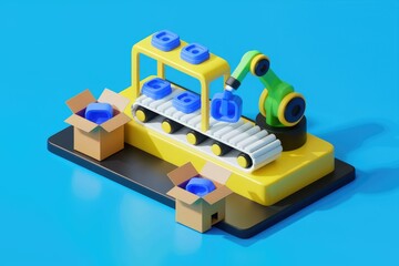 Obraz premium Automated robotic arm sorts and packs blue cube-shaped objects into cardboard boxes on a conveyor belt.