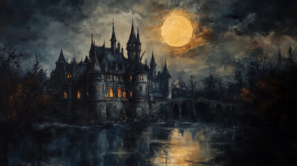 Enigmatic Castle Under a Full Moon