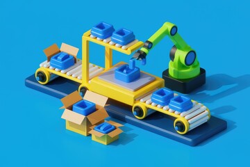 Obraz premium Automated production line showcasing robotic arm placing blue items into boxes on conveyor belt.