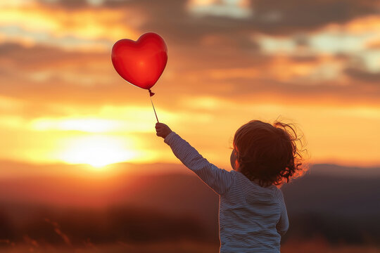 Child's Hope: A Sunset Silhouette with Heart-Shaped Balloon.  A heartwarming image symbolizing dreams, love, and the joy of childhood, captured during a vibrant sunset.