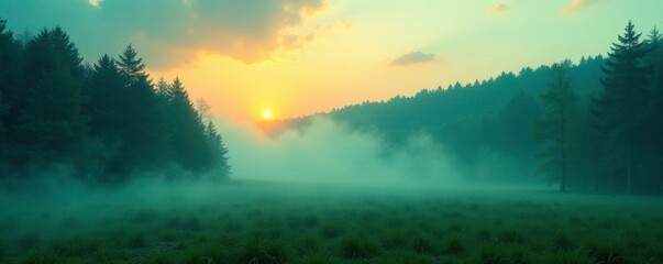 Greenish-blue mist enveloping a forest at sunrise, blue, foggy, green