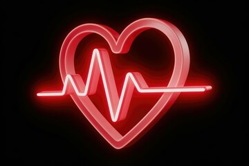 Red neon heart with heartbeat line, symbolizes health, love, and life.