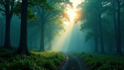 Fototapeta premium Greenish-blue mist enveloping a forest at sunrise, blue, forest