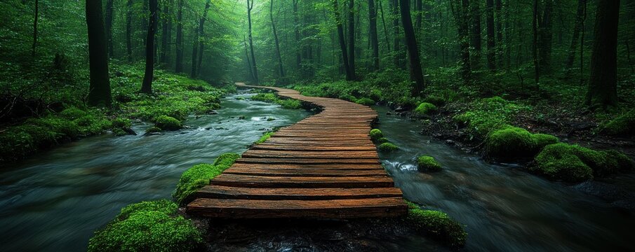Wooden boardwalk through lush green forest over flowing stream on a misty day