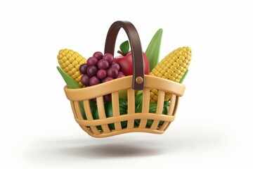 A 3D rendered image of a basket filled with corn, grapes, and an apple, showcasing autumn harvest bounty.