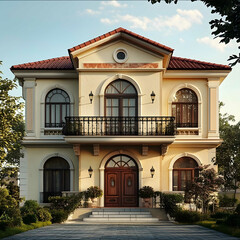 Fototapeta premium uma foto ultra realista de uma fachada de uma linda e moderna casa e que represente uma pessoa com essas caracteristicas pessoais sociavel equilibrada justa diplomatic