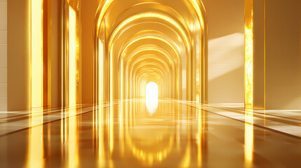 A long, bright hallway with gold arches and glowing lights. Luminous Arch. Illustration
