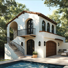 2 story spanish style stucco pool house with garage stair