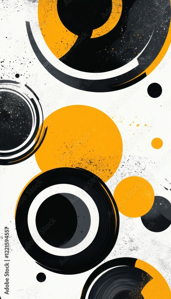 Wall mural abstract design with white, black, and yellow circular patterns on layered background