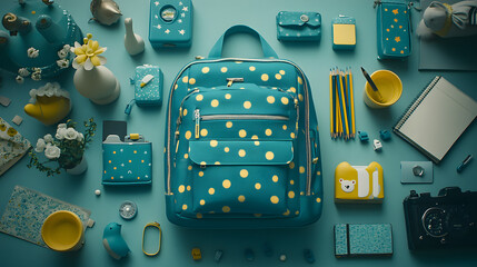 Blue backpack with yellow polka dots placed on a white surface