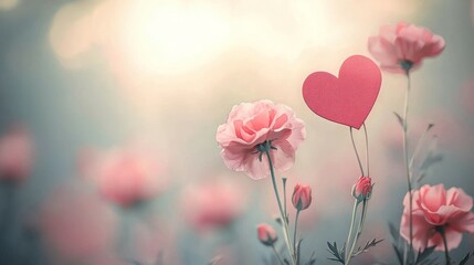 Valentine mockup card abstract design. Pink Flowers Heart Soft Light Romantic Springtime.