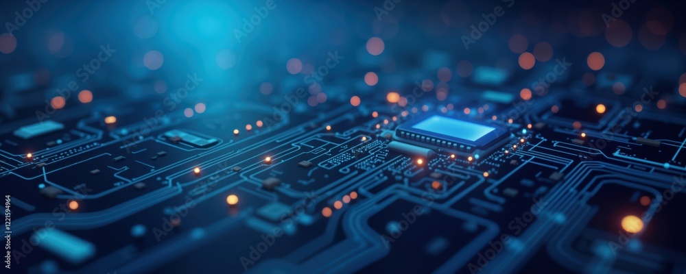 Poster abstract tech background shows circuit board pattern with glowing dots. dark color palette, flat des