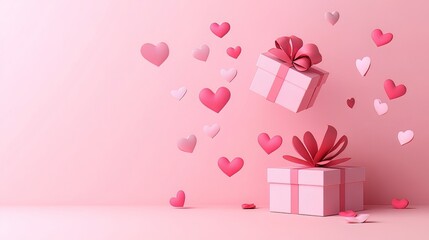 Hearts with gift box postcard. Paper flying elements on pink background. Vector symbols of love for Happy Women's, Mother's, Valentine's Day, birthday greeting card design