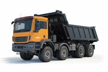 A large orange and black dump truck with its bed raised, isolated on a white background.