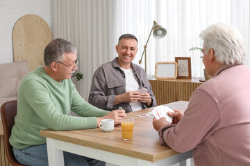 Elderly men with drinks playing cards at home