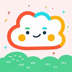 A cheerful, cartoonish cloud character with a smiling face, surrounded by playful colors and grass, creating a whimsical and joyful atmosphere.