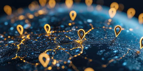 Geo-tagged Earth globe. Location tag on the sphere. Creative concept for worldwide network, travel and routes, online planning