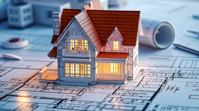 A miniature house is showcased on a drafting table surrounded by architectural blueprints. The model features intricate details, emphasizing residential design and creativity.