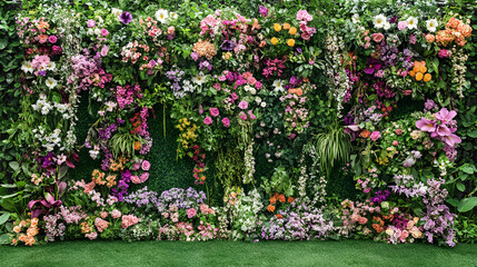 Vibrant wall of flowers and plants creating a lush green garden backdrop