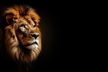 Fototapeta premium A striking portrait of a lion's face emerges against a black background, showcasing its powerful features and majestic mane. This image captures the essence of strength and the wild beauty of nature.