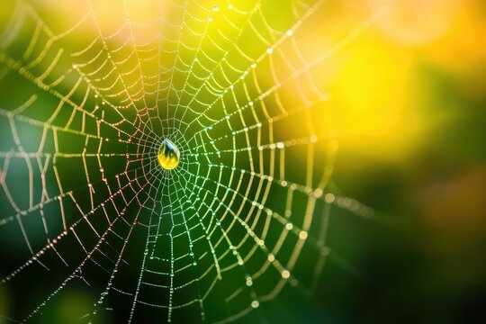 A dewdrop glistens at the center of an intricate spiderweb, illuminated by the morning sun.