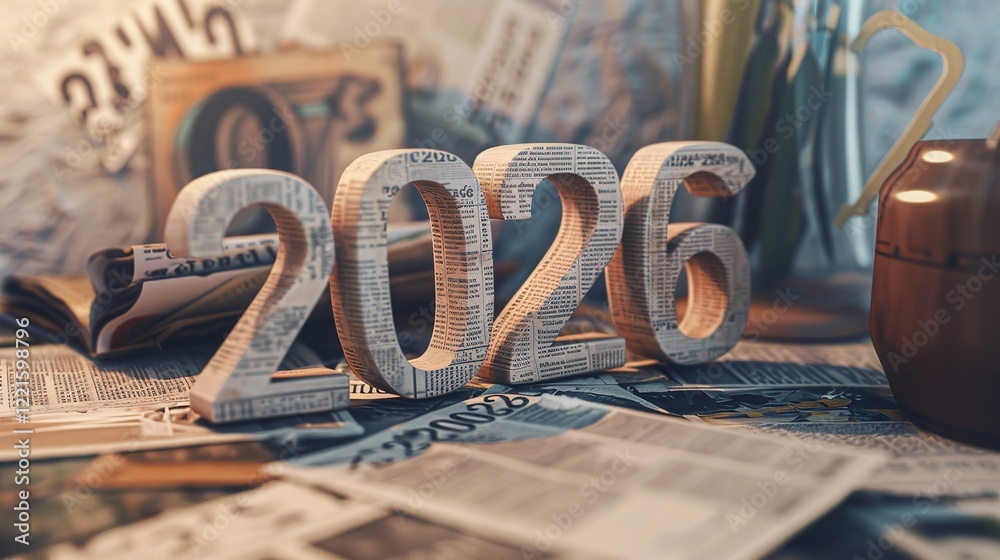 Fototapete using a 3d picture of the year 2026 and newspaper clippings as the backdrop, this decoration feature
