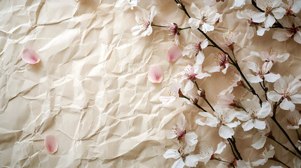Delicate blossoms scattered on crumpled paper. Springtime floral arrangement, perfect for background or greeting card.