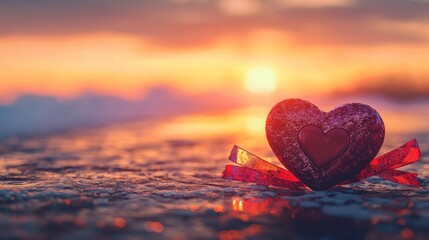 Fototapeta premium Valentine mockup card abstract design. Romantic Heart Sunset Seascape with Red Ribbon.