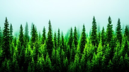 Fototapeta premium Misty evergreen forest, aerial view, nature background, environmental conservation