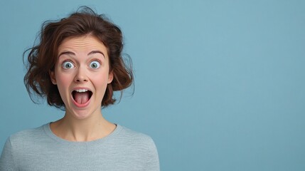 Excited young woman with short curly hair expressing joy and surprise against a solid blue background