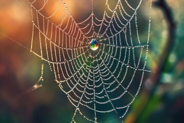 Naklejka premium A spiderweb glistening with morning dew, a single drop reflecting vibrant colors.