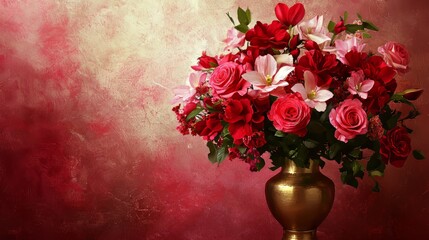 Naklejka premium Valentine mockup card abstract design. Romantic Red Roses in Golden Vase, Artistic Still Life.