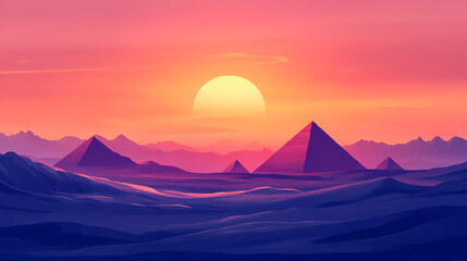 Fantasy egyptian landscape with pyramids at sunset in the desert , egypt, pyramids, desert, sunset, ancient, monuments. Majestic Desert. Illustration