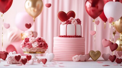 Valentine mockup card abstract design. Romantic Valentine's Day Cake and Decorations.