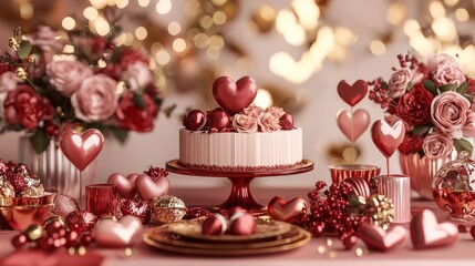 Valentine mockup card abstract design. Romantic Valentine's Day Cake with Decorations.