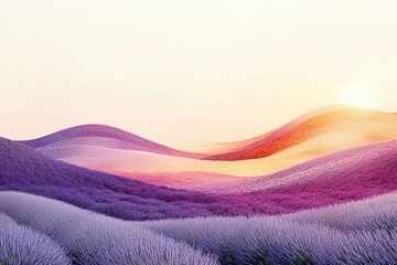 Sunset over rolling hills of vibrant purple lavender fields creating a picturesque landscape.