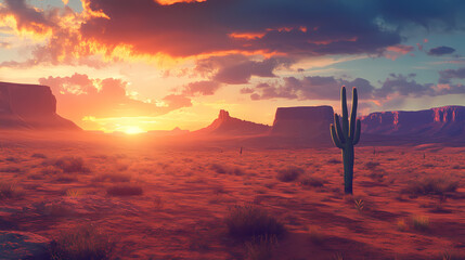 Obraz premium Lone cactus in a vast desert landscape with majestic mountains at sunset. Majestic Desert. Illustration