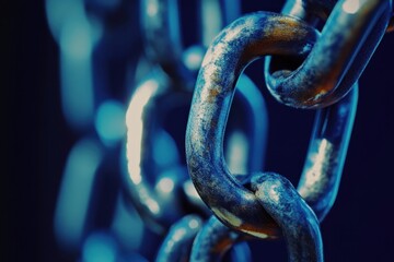 Close-up view of metallic chains in vibrant lighting highlighting texture and detail
