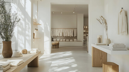 Sunlit minimalist store interior with neutral tones, wooden furniture, and folded textiles.