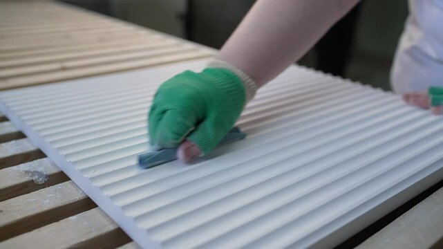 Manufacturing process of sanding a white wooden panel with parallel grooves, performed by a worker wearing gloves, on a wooden workbench
