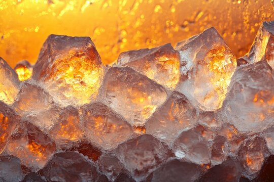 Illuminated ice crystals, glowing amber hues, textured surface, close-up view. - Powered by Adobe