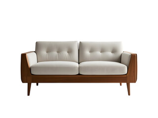Front view of modern sofa with buttons and wooden legs isolated on white background
