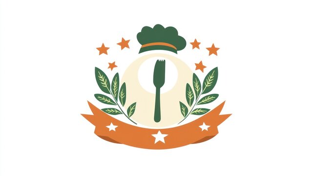 Restaurant logo, fork and chef hat, food service, abstract design, background stars, ribbon, use for brand identity