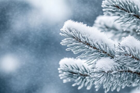 Snow-covered pine branch, winter wonderland, frosty needles, serene nature.