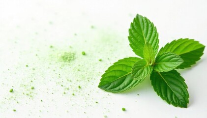 Herbal mint leaves isolated on white background with a subtle texture effect, powder, leafy