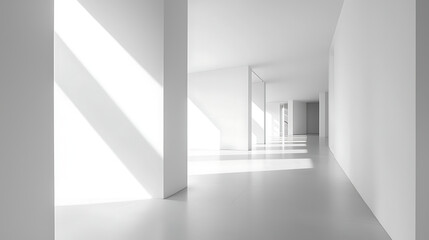 Fototapeta premium Sunlit minimalist white hallway with columns and doors.