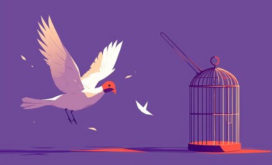  a bird flying away from a cage, in a minimalist style with a purple background color.
