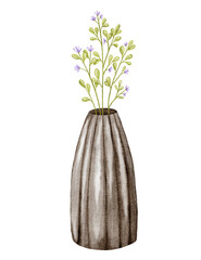 Watercolor branch and flowers in glass vase, blossom tree on white background, isolated watercolor illustration. Perfect for wedding cards, mother's day cards and valentines.